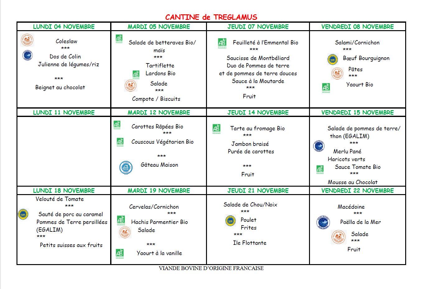 Menus du 04 au 22 Novembre 2024