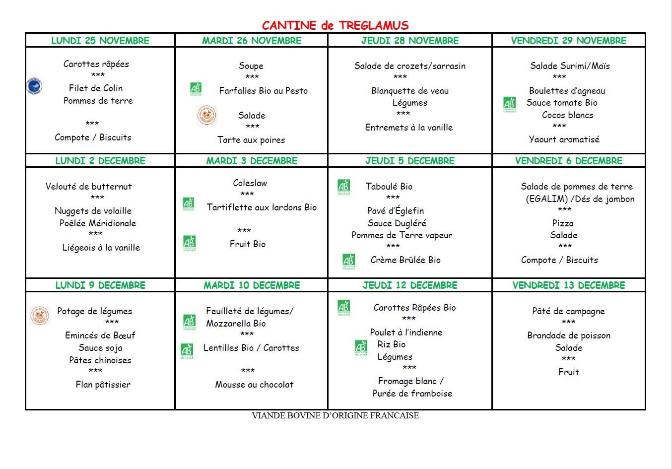 Menus du 25 Novembre au 13 Décembre 2024